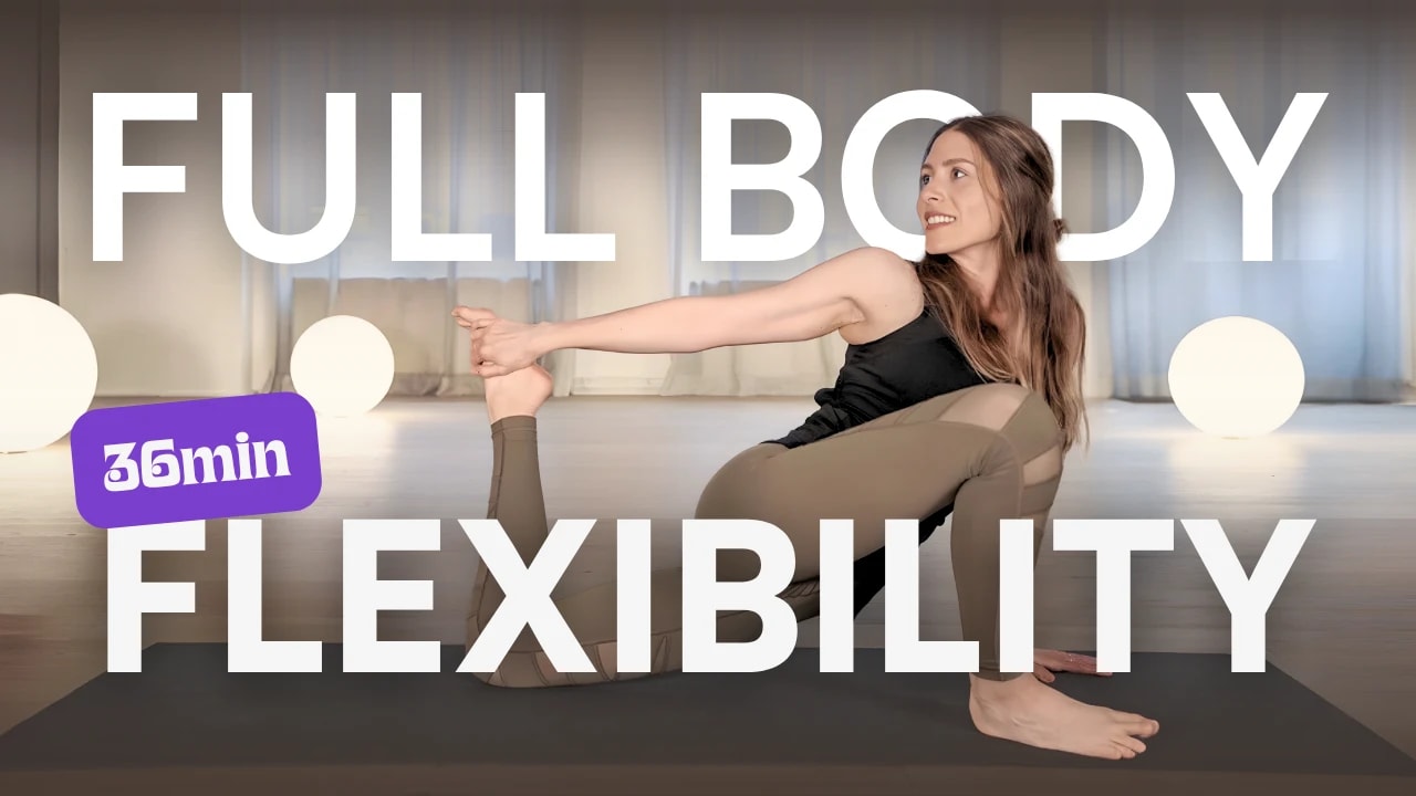 Jess Rose kneeling on a mat, drawing her back foot in toward her body — title card for the Full Body Flexibility yoga class