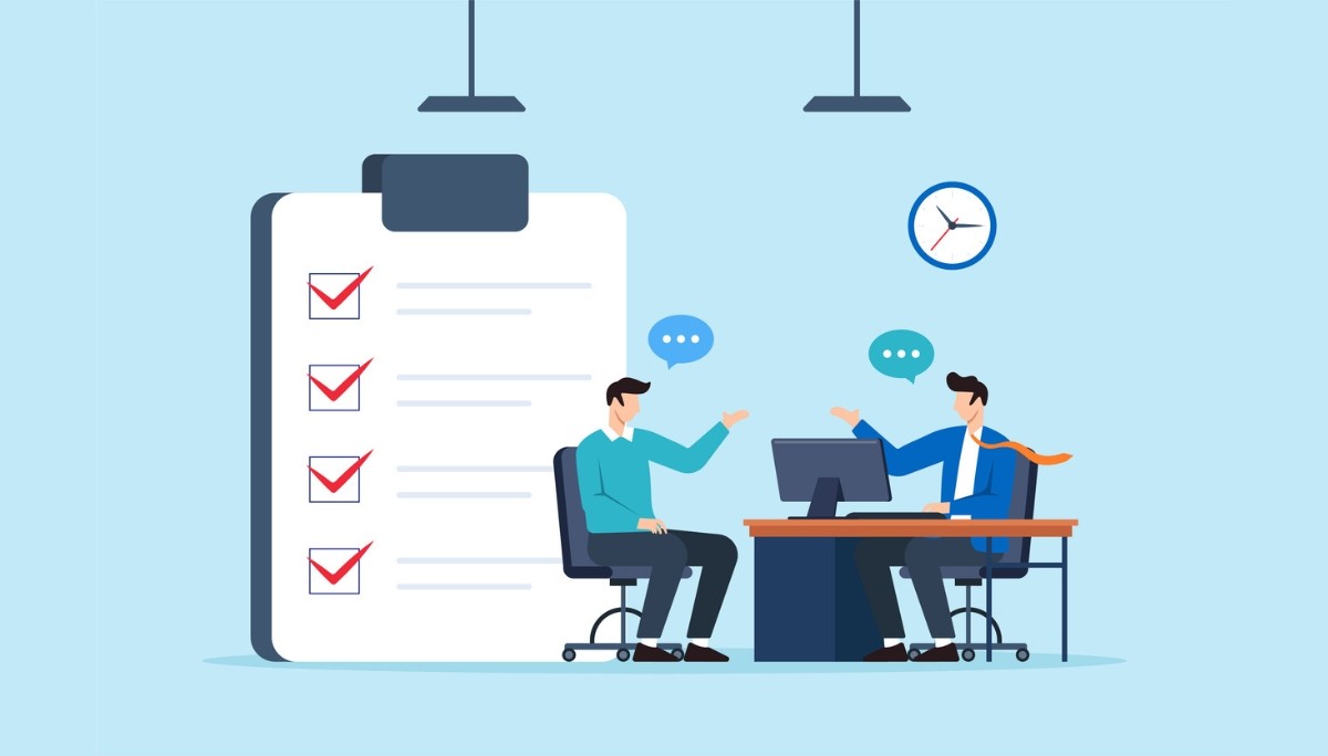 Illustration of two people adjusting interlocking gears within a circular arrow loop, surrounded by charts and checklists.
