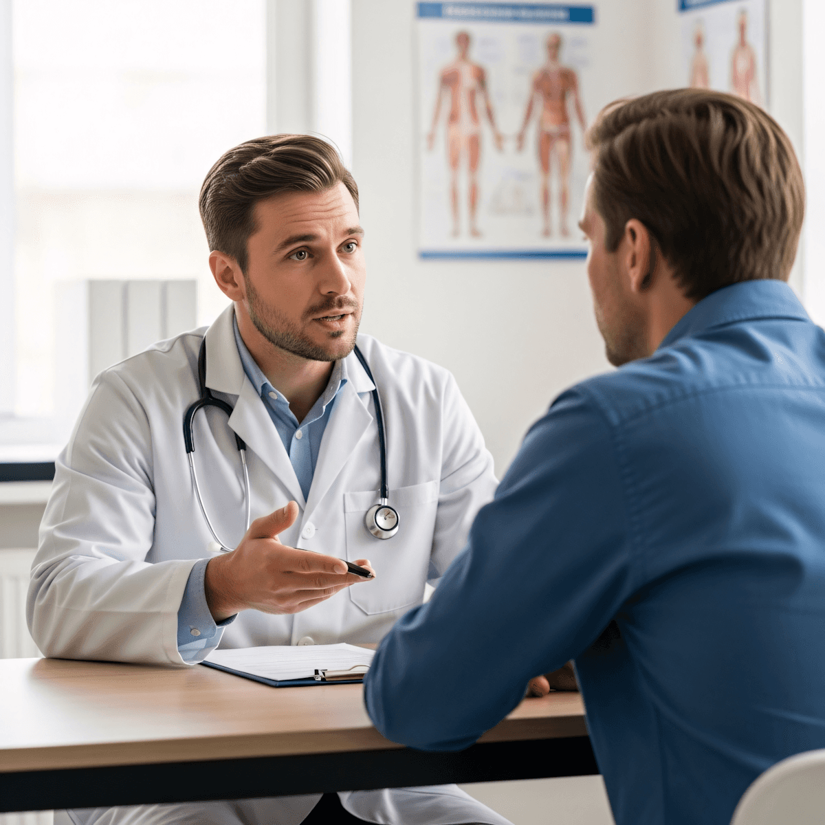 A doctor in a white coat engages in a serious conversation with a patient in an exam room, with medical charts visible in the background.