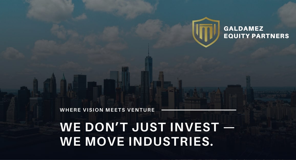 Skyline of New York with Galdamez Equity Partners logo and slogan, emphasizing vision and venture in private investment