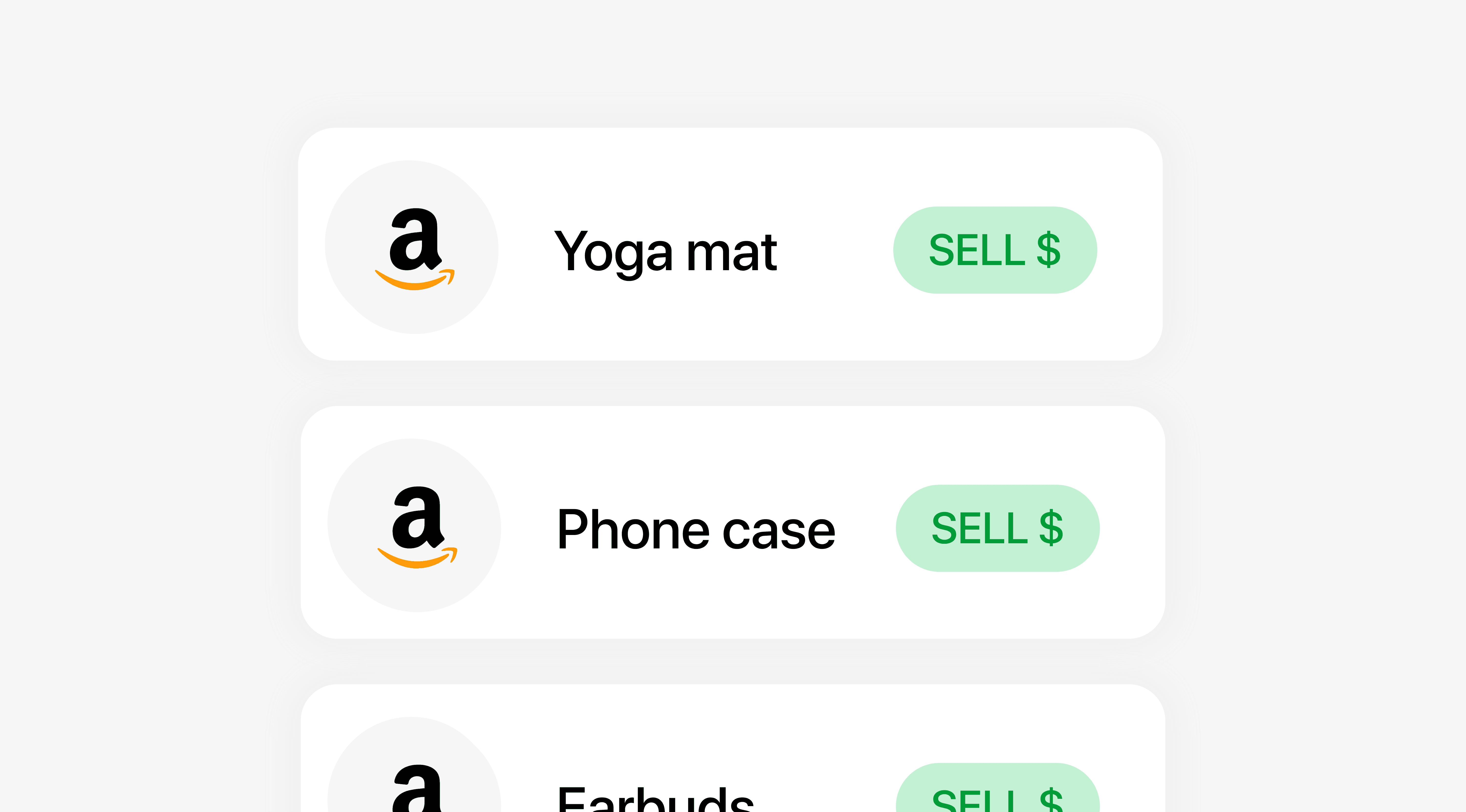 A vertical layout of clean Amazon product rows listing items like "Yoga mat" and "Phone case" next to green action badges labeled "SELL $".