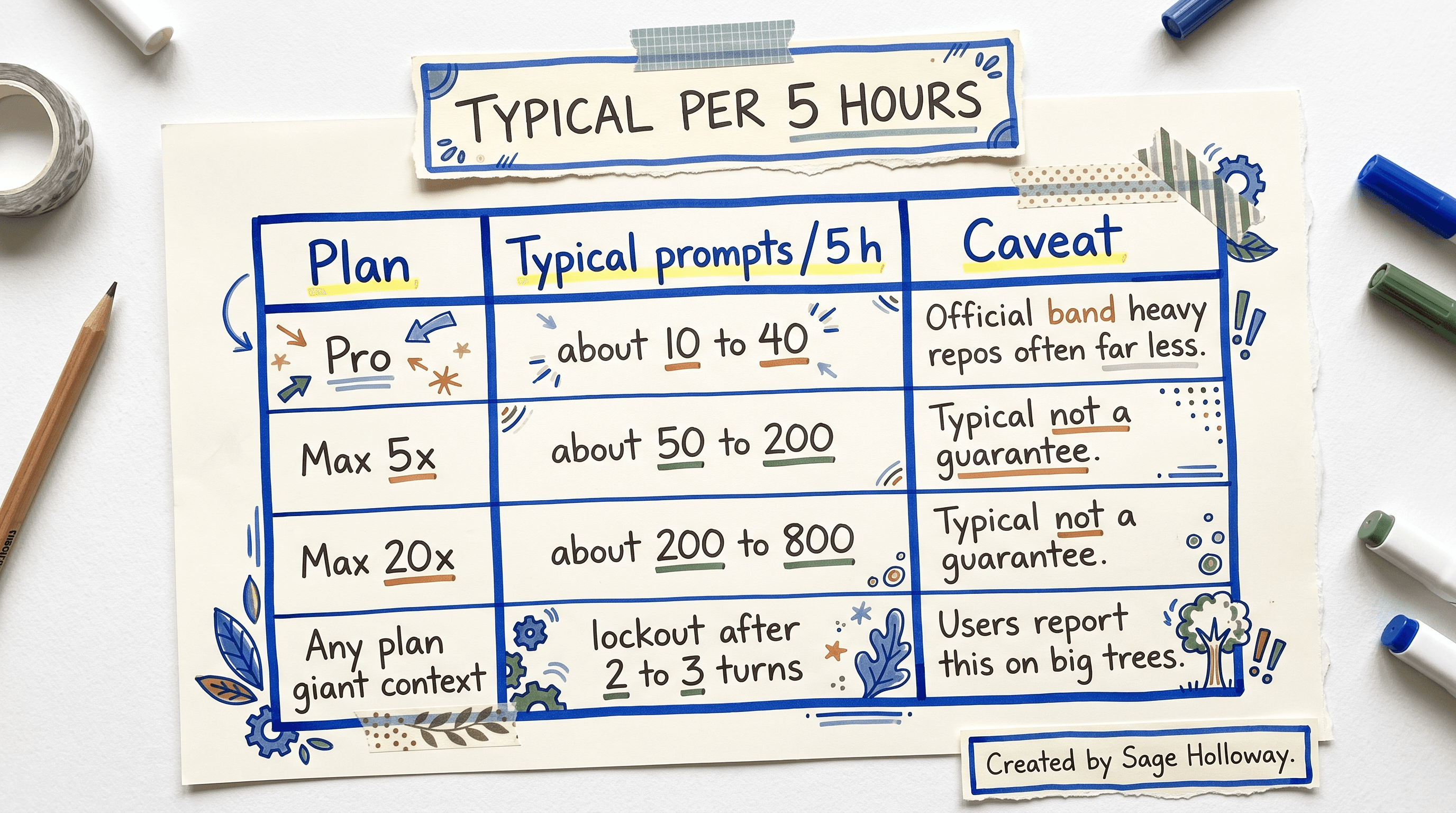 Table of typical Claude Code prompts per 5 hours for Pro, Max 5x, and Max 20x plans