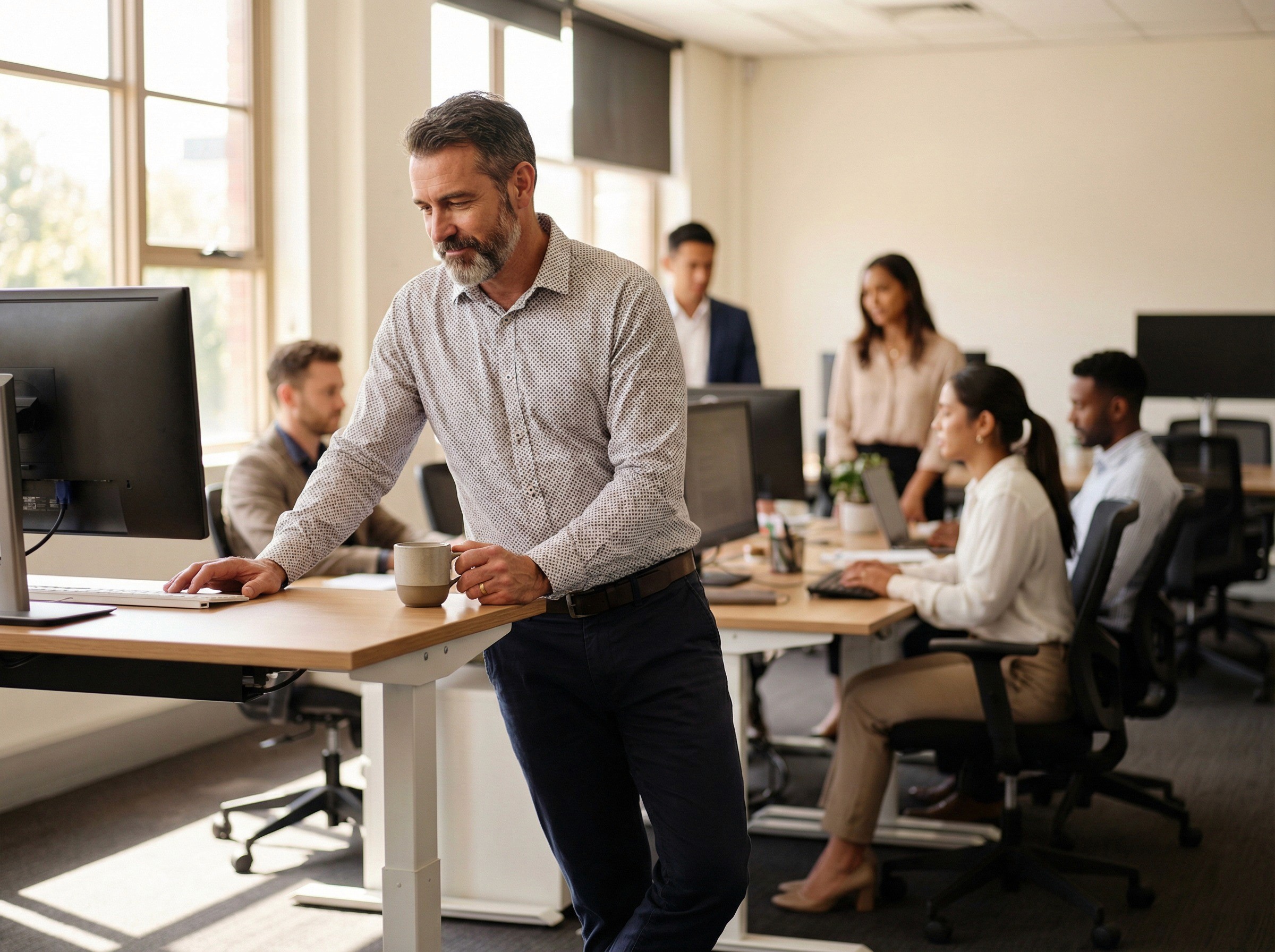 A smiling man standing at a standing desk with a coffee in hand and in front of a modern computer. Office team out of focus in background