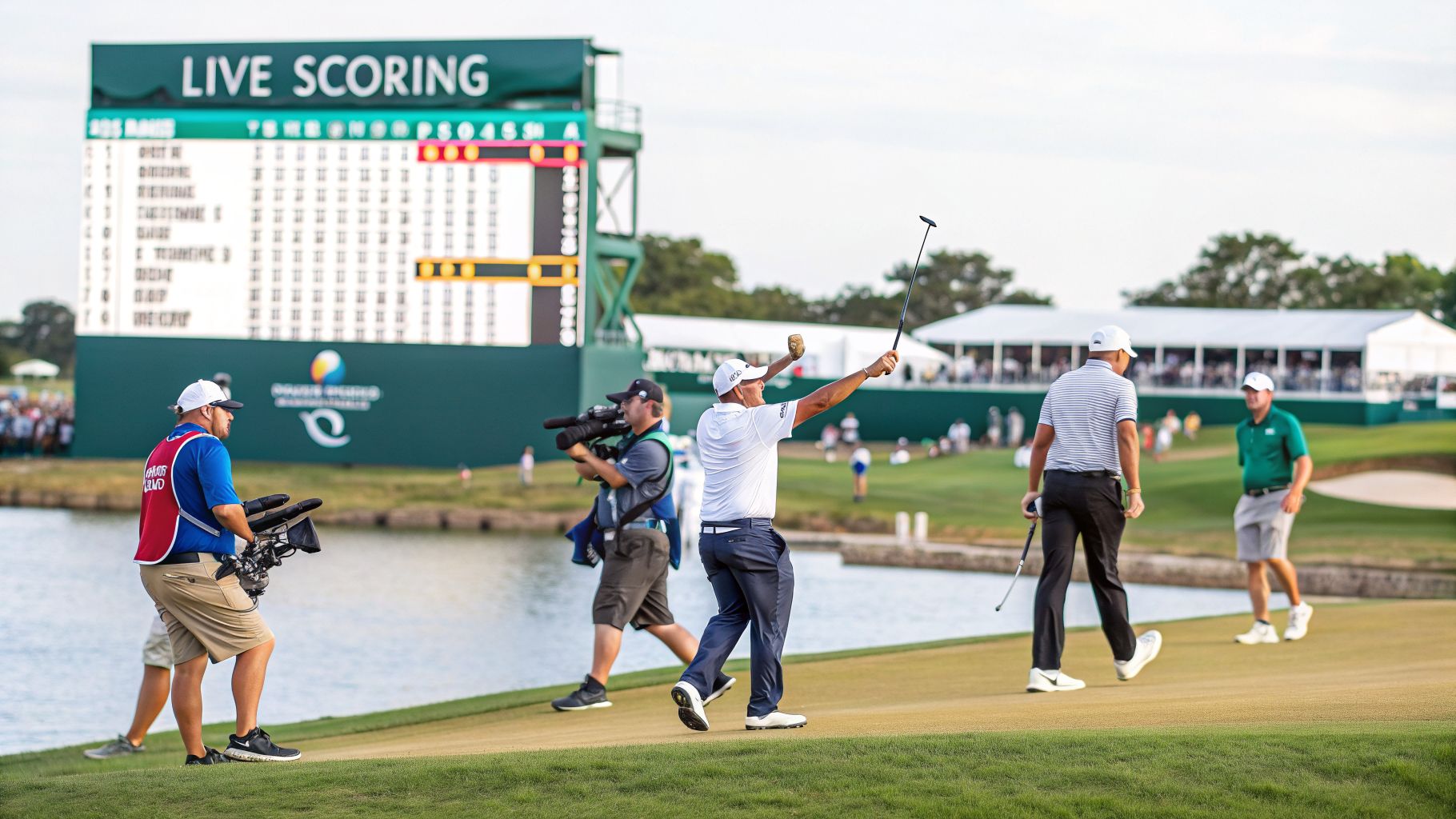 A golfer celebrates a successful shot on the green, with a live scoring scoreboard visible.
