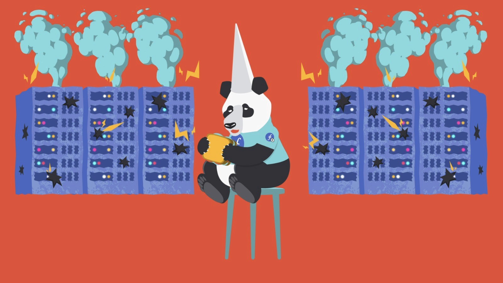 A panda wearing a dunce cap sits on a stool between two rows of smoking, damaged server racks against a solid orange background in this illustration.