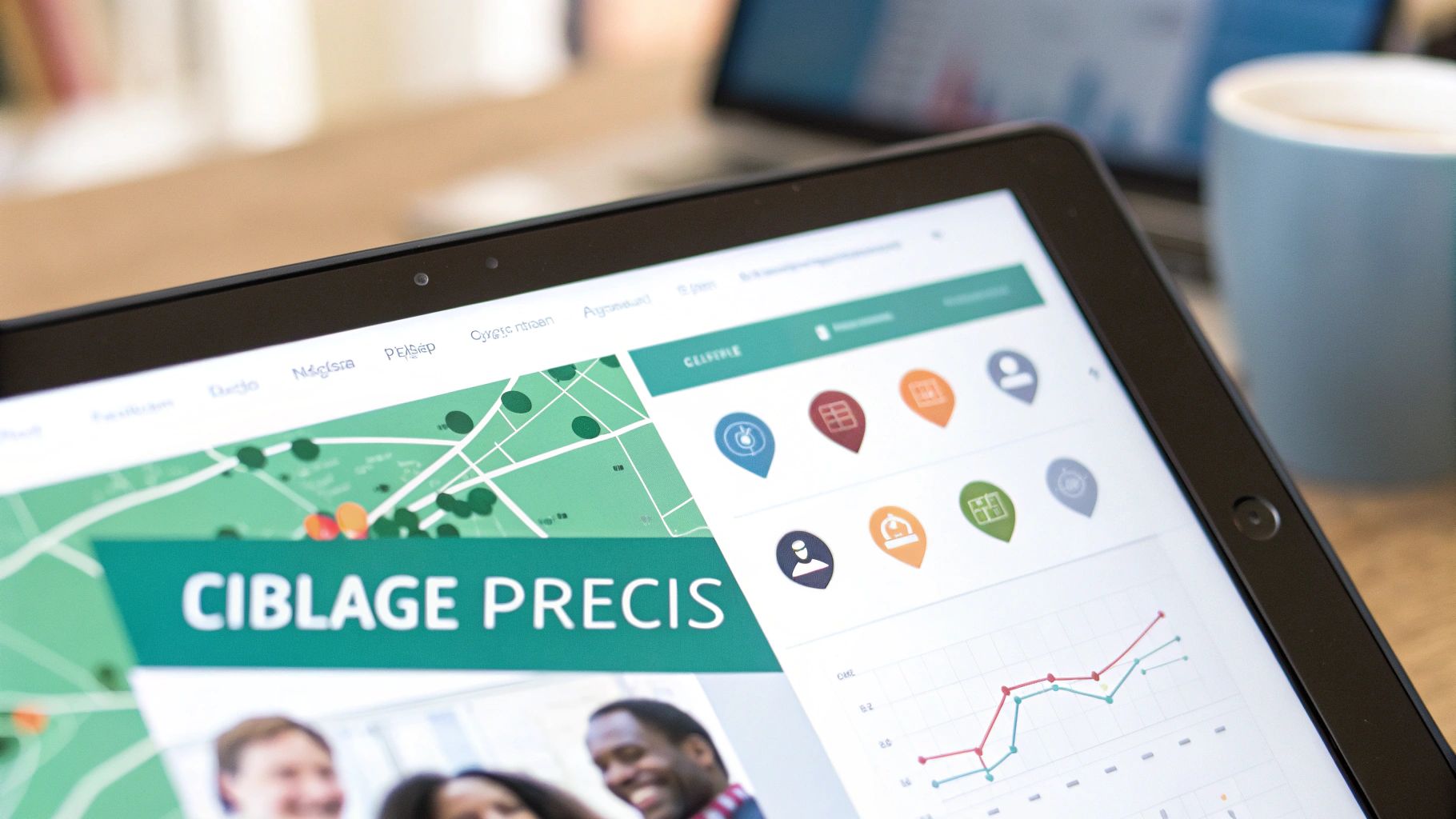 Une tablette affiche une application de ciblage marketing, montrant une carte, des icônes et un graphique de données.