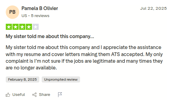 Positive EarnBetter Trustpilot review appreciating resume and cover letter help but questioning expired job listings