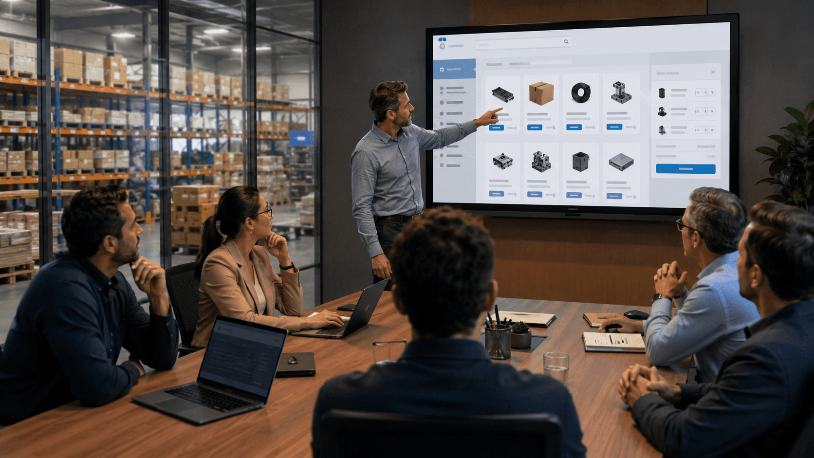 Sala de reuniões corporativa moderna com executivos analisando uma demonstração de plataforma de e-commerce B2B em uma tela grande. Um apresentador aponta para a interface do sistema enquanto os participantes acompanham a apresentação em volta de uma mesa de reunião. Ao fundo, visível através de uma divisória de vidro, há um centro de distribuição com estantes e caixas organizadas. A cena transmite avaliação prática de processos comerciais, operações de pedidos e gestão de vendas B2B em um ambiente profissional.
