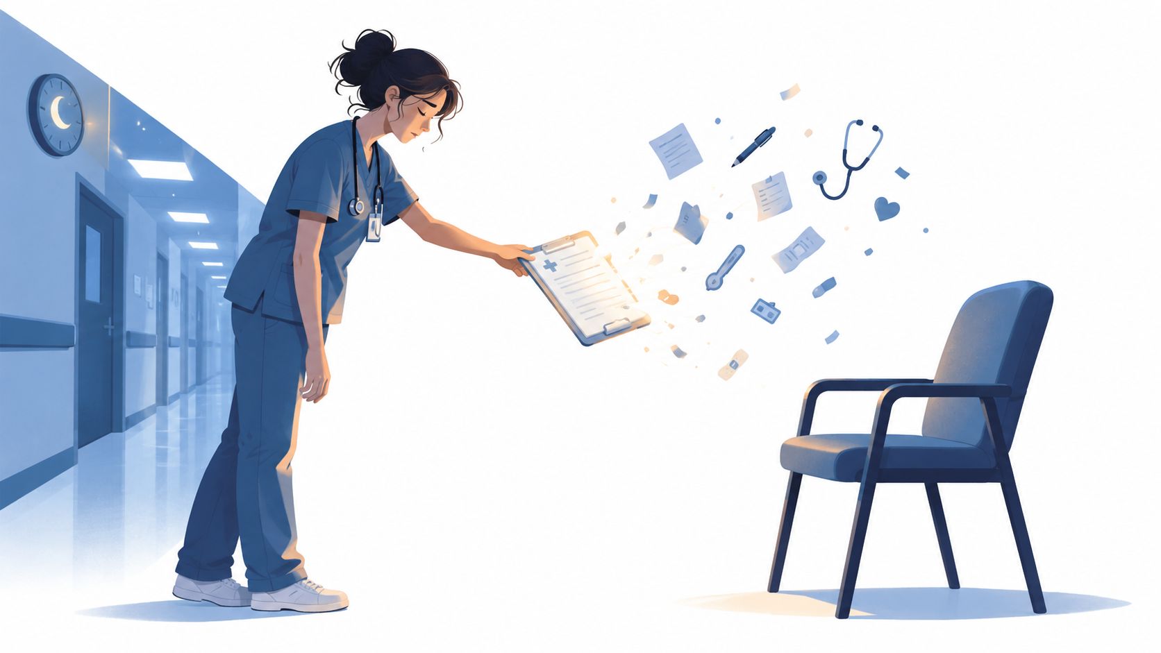 A weary nurse in blue scrubs handing over a glowing medical clipboard toward an empty chair.