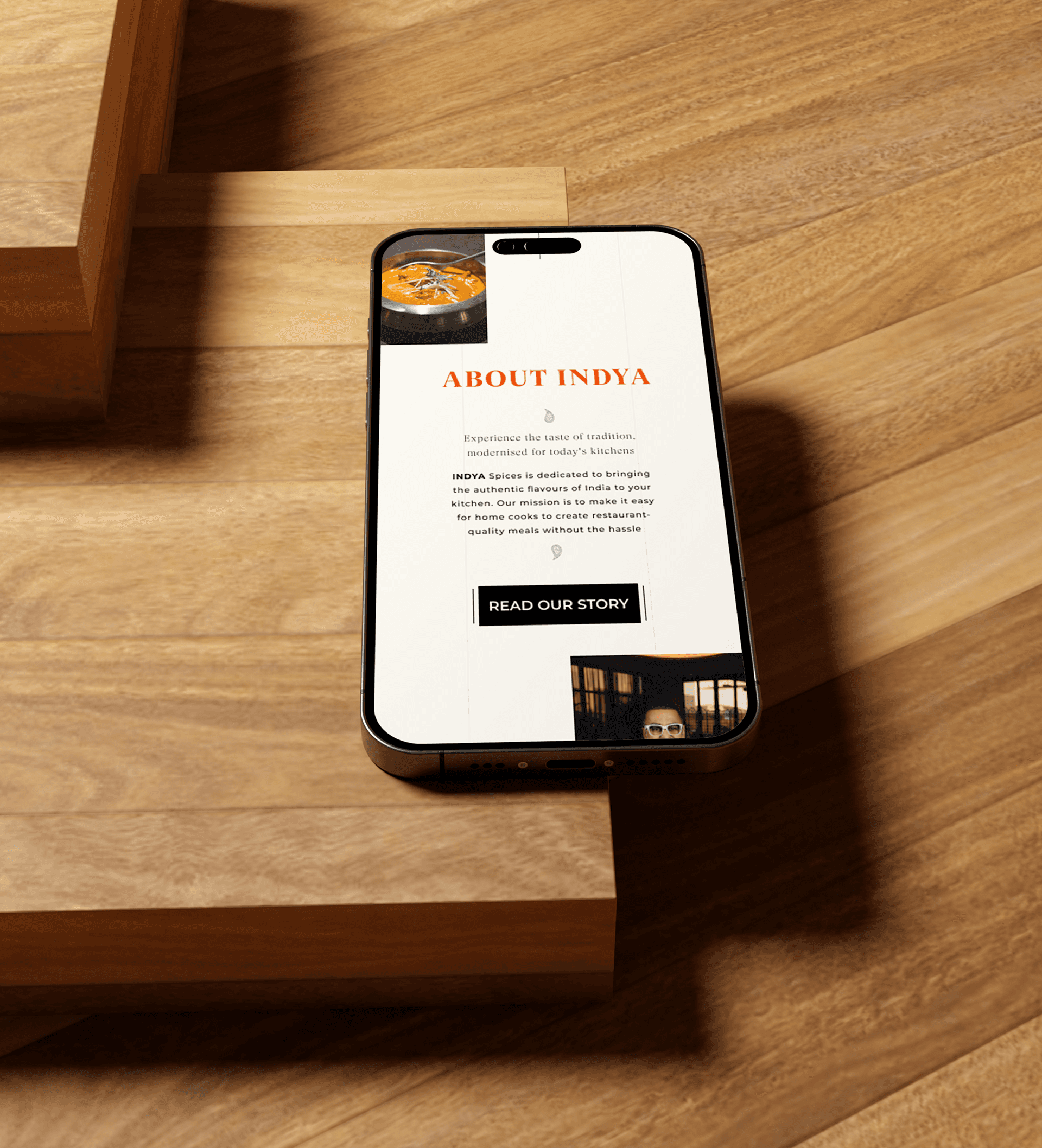 Mobile view of Indya Spices website displaying the 'About Indya' section. Showcasing the brand's dedication to authentic Indian flavors and modernized traditional spices. Designed for user-friendly home cooking experiences.