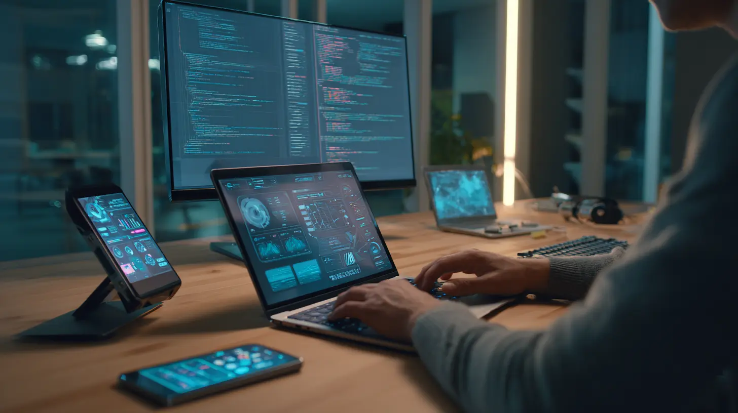 Yazılım geliştirici, bilgisayar ve mobil cihazlarda çoklu platform geliştirme üzerinde çalışıyor – mobil, web ve SaaS uygulamaları için kodlama süreci