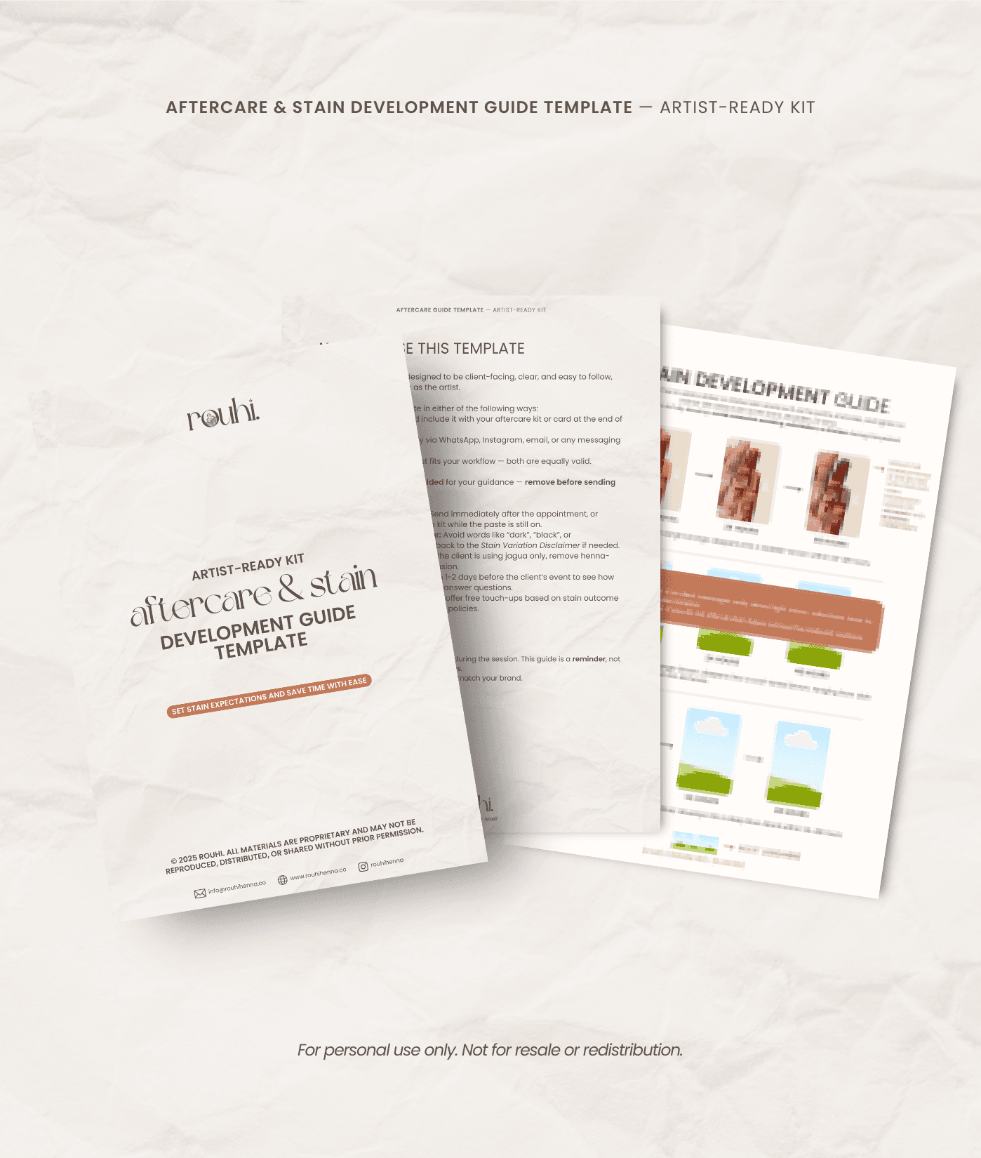 Aftercare and stain development guide template for bridal bookings in Singapore, made by Rouhihenna.