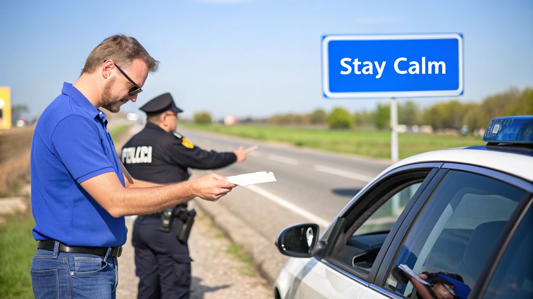 A man holds papers at a police traffic stop next to his car, with a 'Stay Calm' sign.