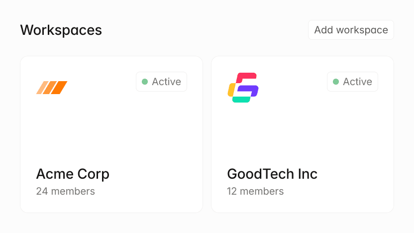 Two active workspaces: Acme Corp with 24 members and GoodTech Inc with 12 members.