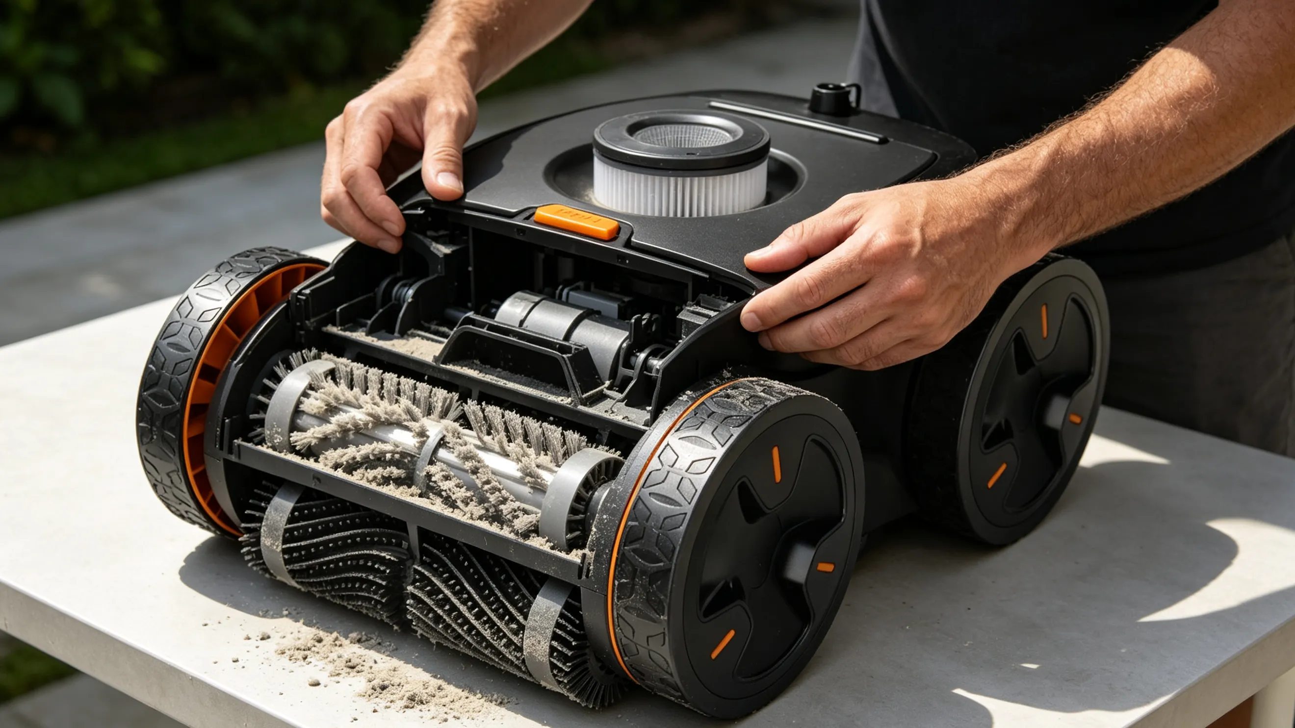 Inspecting brushes and moving parts of a robotic pool cleaner