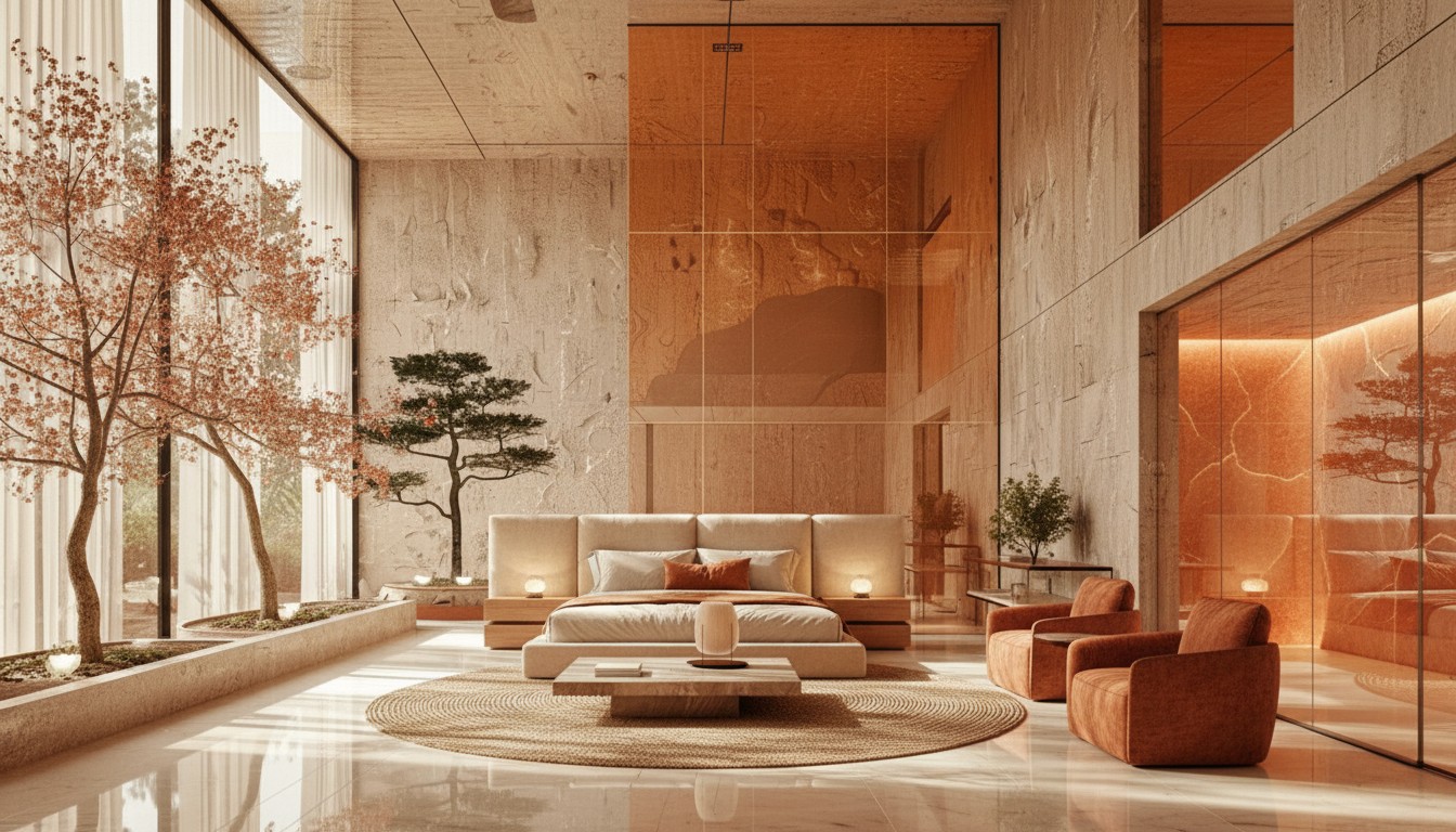 Tranquil bedroom corner with bonsai, textured walls and diffused terracotta tones