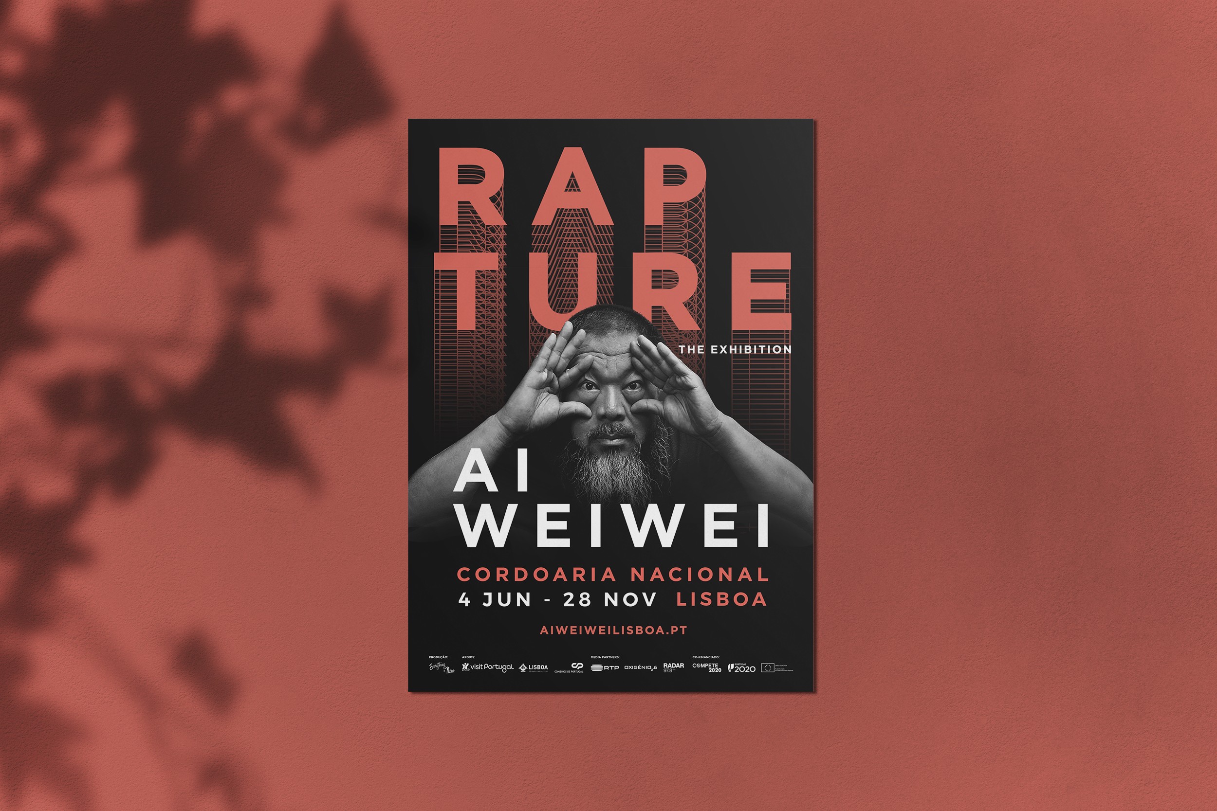 Poster design for “Rapture – The Exhibition” featuring Ai Weiwei portrait and bold typography.