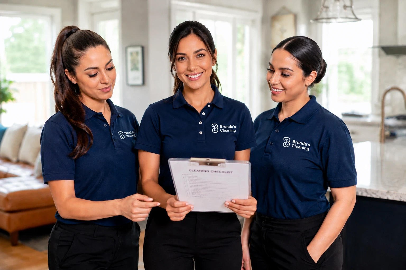 A team of three smiling professional house cleaning specialists with Brenda's Cleaning service reviewing a residential "Cleaning Checklist" on a clipboard together. All three maids are dressed in matching company-branded navy blue uniform polo shirts and black work trousers, demonstrating teamwork, high standards, and organized housekeeping operations. The background shows a bright, open-concept luxury home interior with a living room sofa, kitchen island counter, and large windows, highlighting professional maid services, deep cleaning, and reliable local residential cleaning teams across Keller and Southlake, Texas.