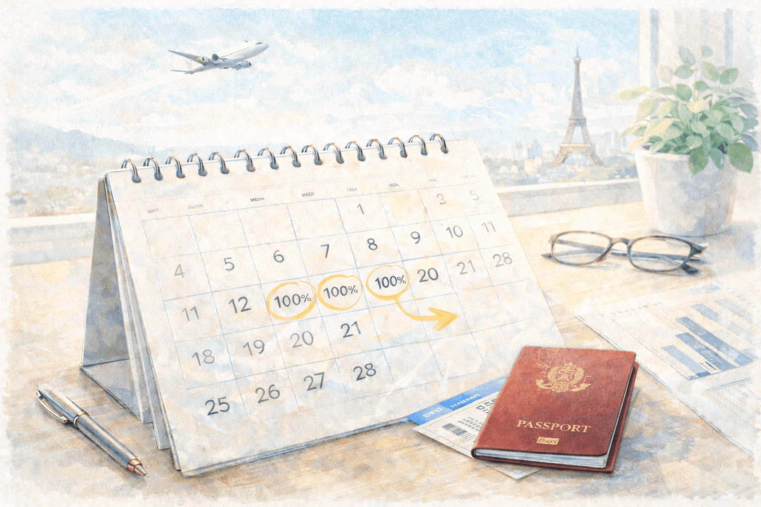 Ilustração em aquarela mostrando calendário com datas marcadas “100%” indicando bônus de 100% na transferência de pontos, passaporte e cartão de embarque sobre a mesa e avião ao fundo, representando estratégia para dobrar milhas e emitir passagem aérea no momento certo.