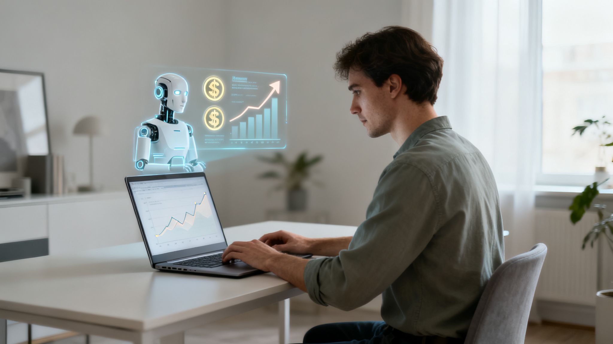 A man uses a laptop with a holographic AI assistant displaying financial insights and growth charts.