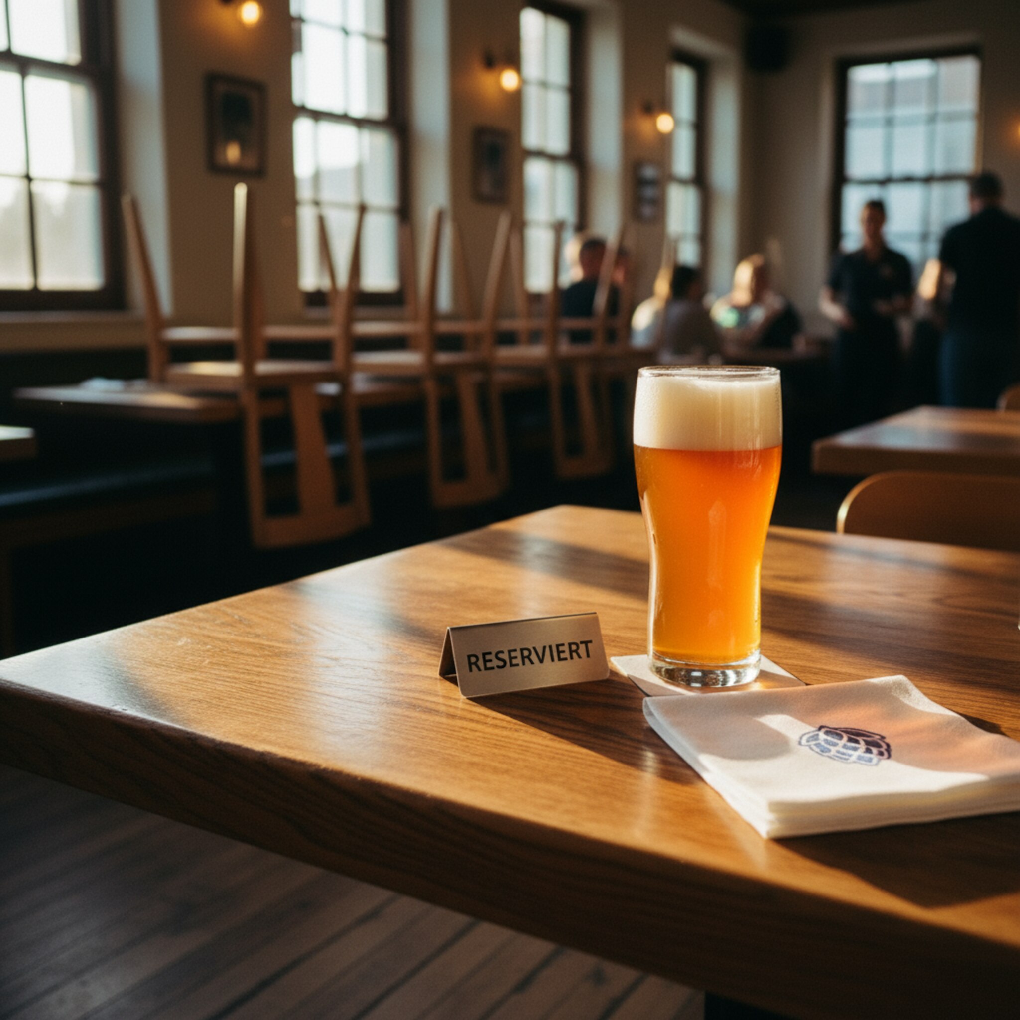 Ein reserviertes Schild steht auf einem massiven Holztisch, daneben schimmert ein frisch gezapftes Glas bernsteinfarben. Durch die Fenster fällt weiches Licht auf aufgestellte Stühle. Eine Serviette mit Brauereilogo liegt gefaltet bereit. Gespräche klingen gedämpft im Hintergrund.