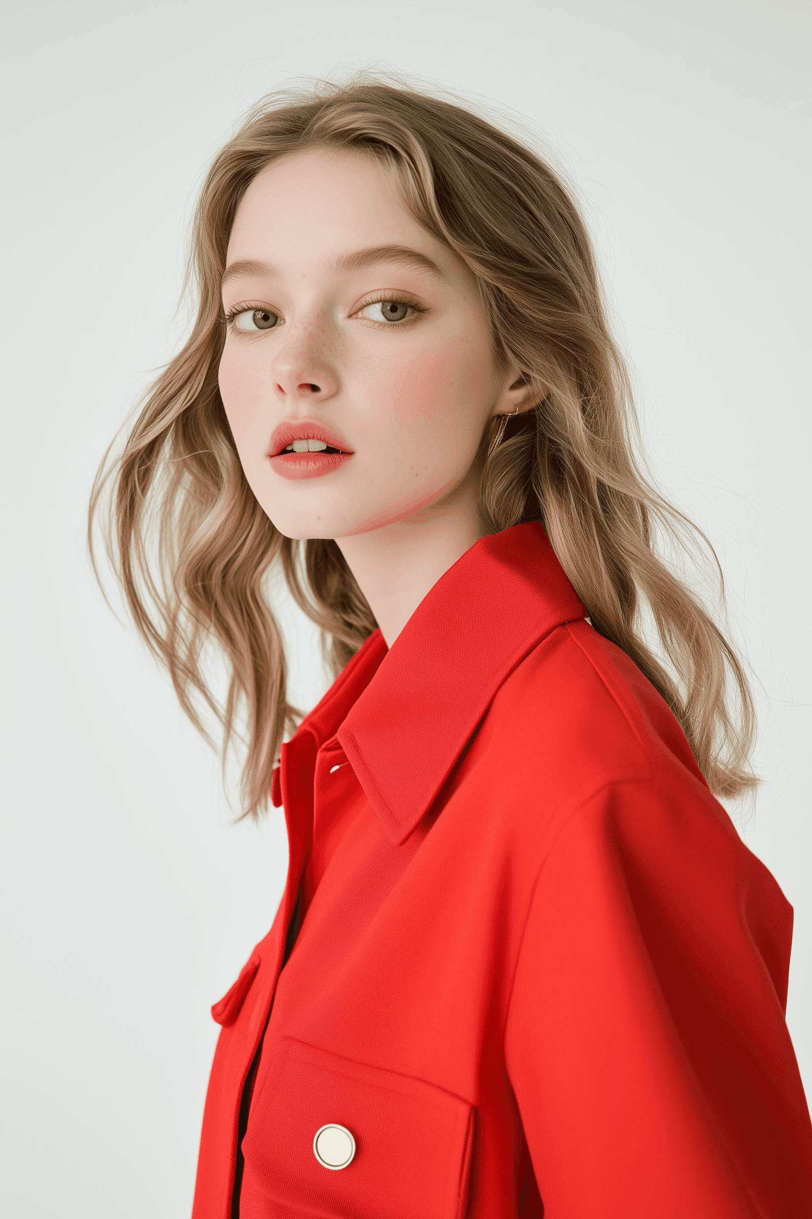 Woman in red outfit with soft natural lighting and minimal background
