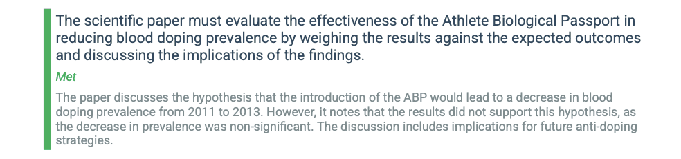 thesify feedback showing that a scientific paper discusses whether the results supported the original hypothesis and what the findings imply