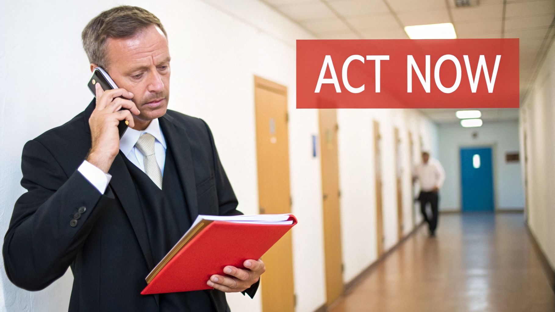 A businessman in a suit talks on the phone, holding a red folder, with 'ACT NOW' text.