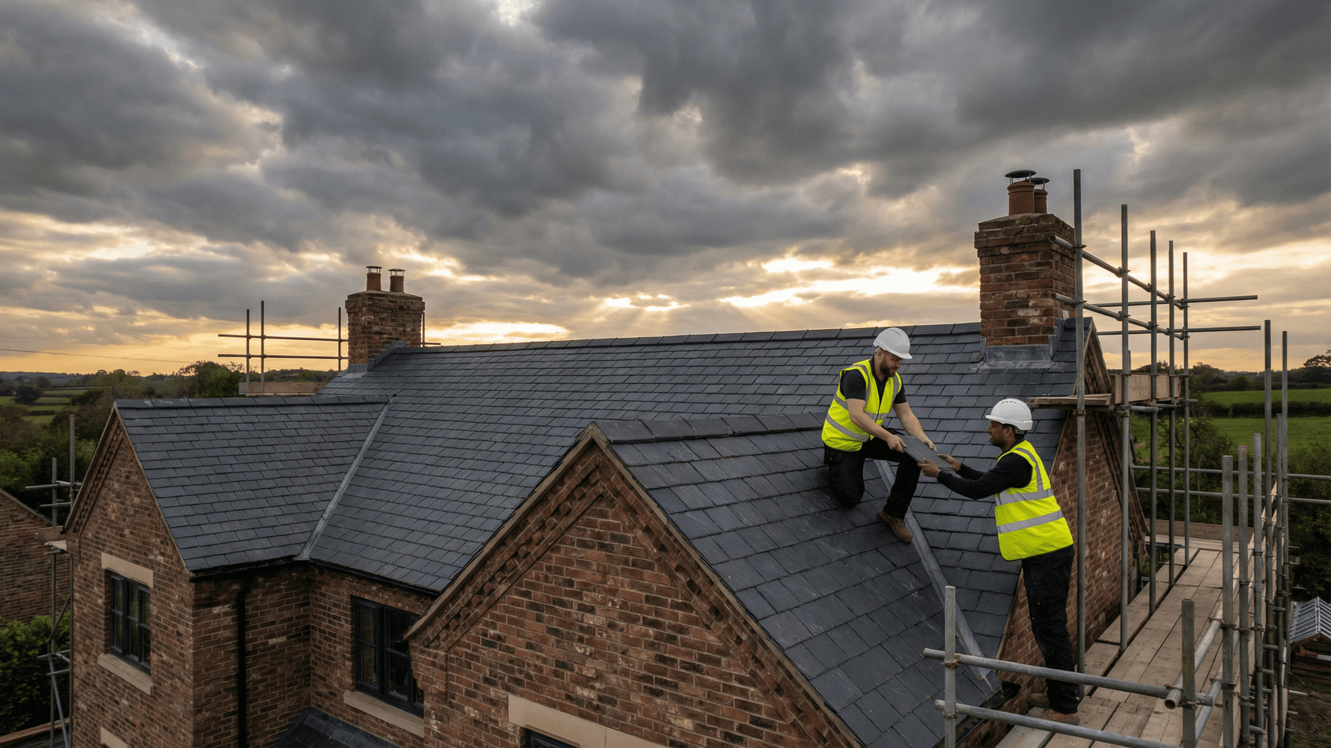 aerial view of green trees and brown brick wall