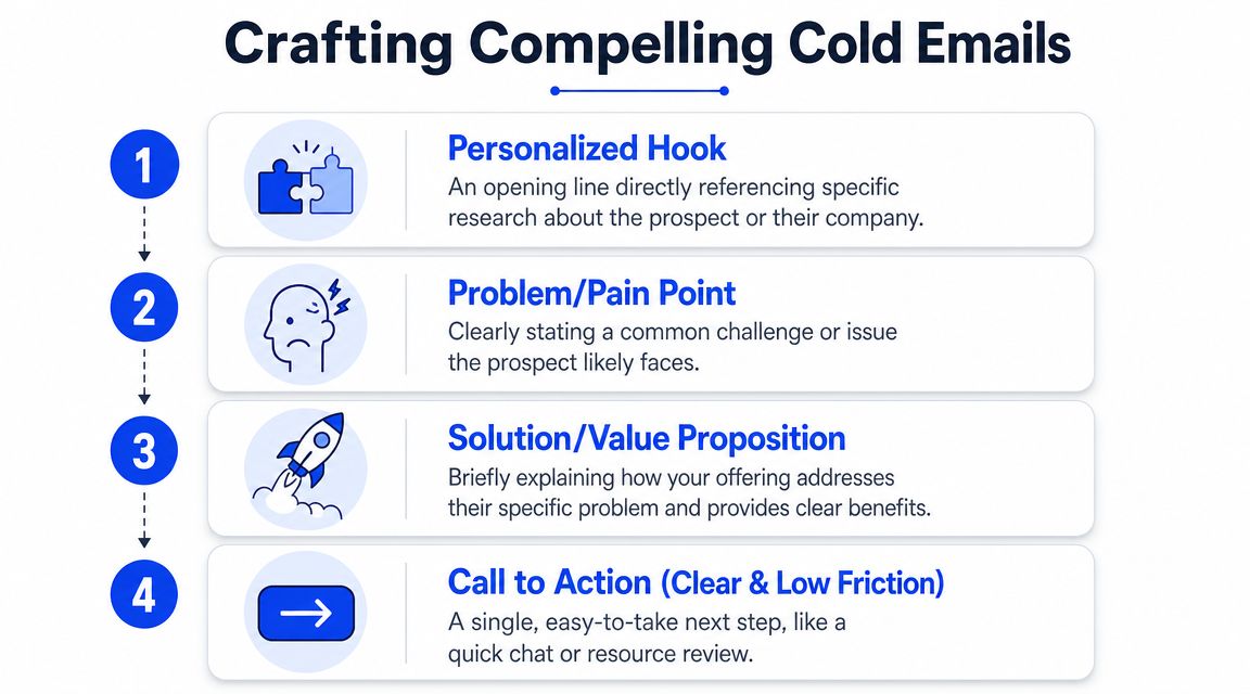 A four-step guide infographic titled Crafting Compelling Cold Emails, showing the essential components for effective email outreach.