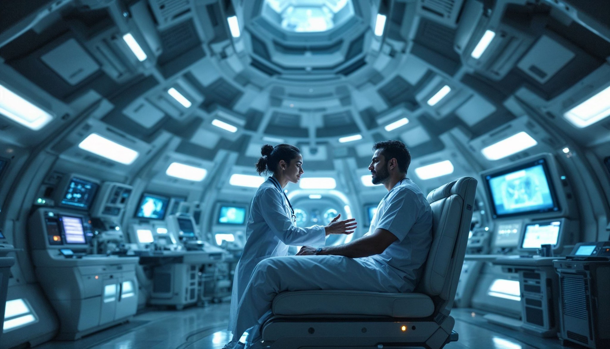 A woman in a lab coat consults with a man seated in a futuristic medical facility. The room is filled with advanced technology and monitors, with soft blue lighting. The atmosphere is clinical and high-tech.