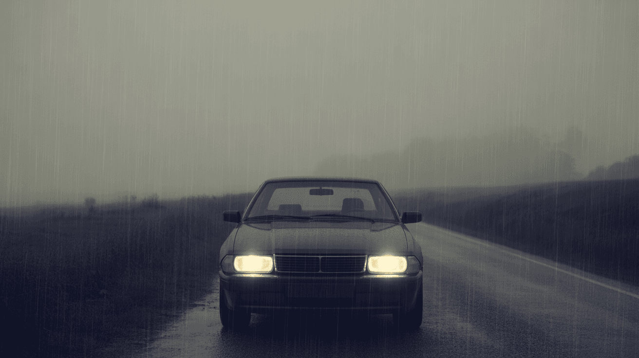 Lone car on a foggy road at night in rain with cinematic dark ambience