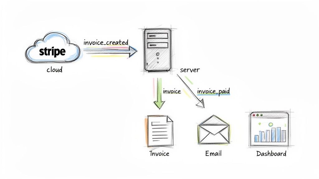 Stripe billing workflow diagram: cloud event 'invoice_created' triggers server processing, generating invoices, emails, and dashboard updates.