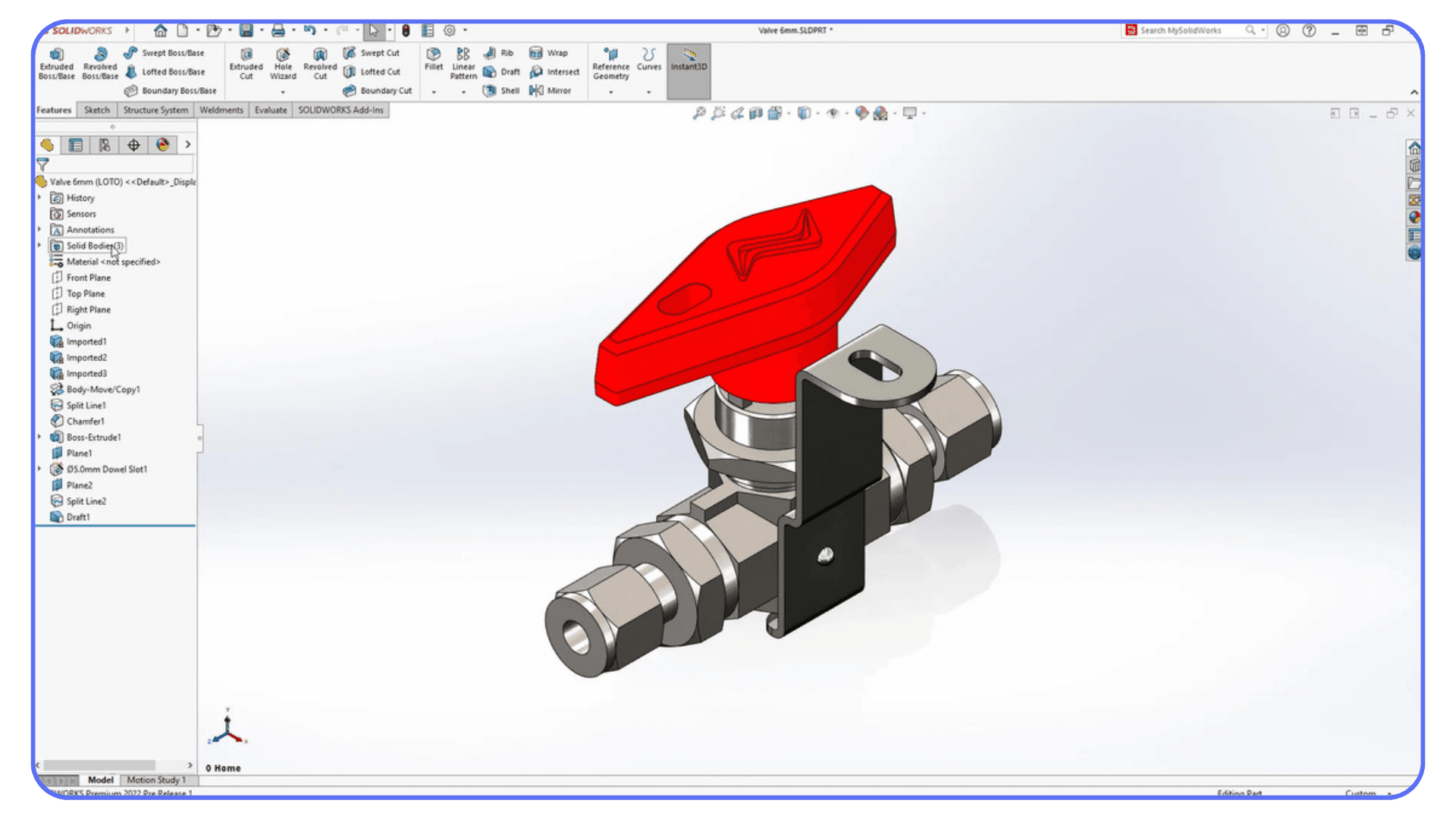 A SolidWorks interface showing a detailed valve assembly with a red handle, metal fittings, and a mounting bracket, along with the feature tree visible on the left side.