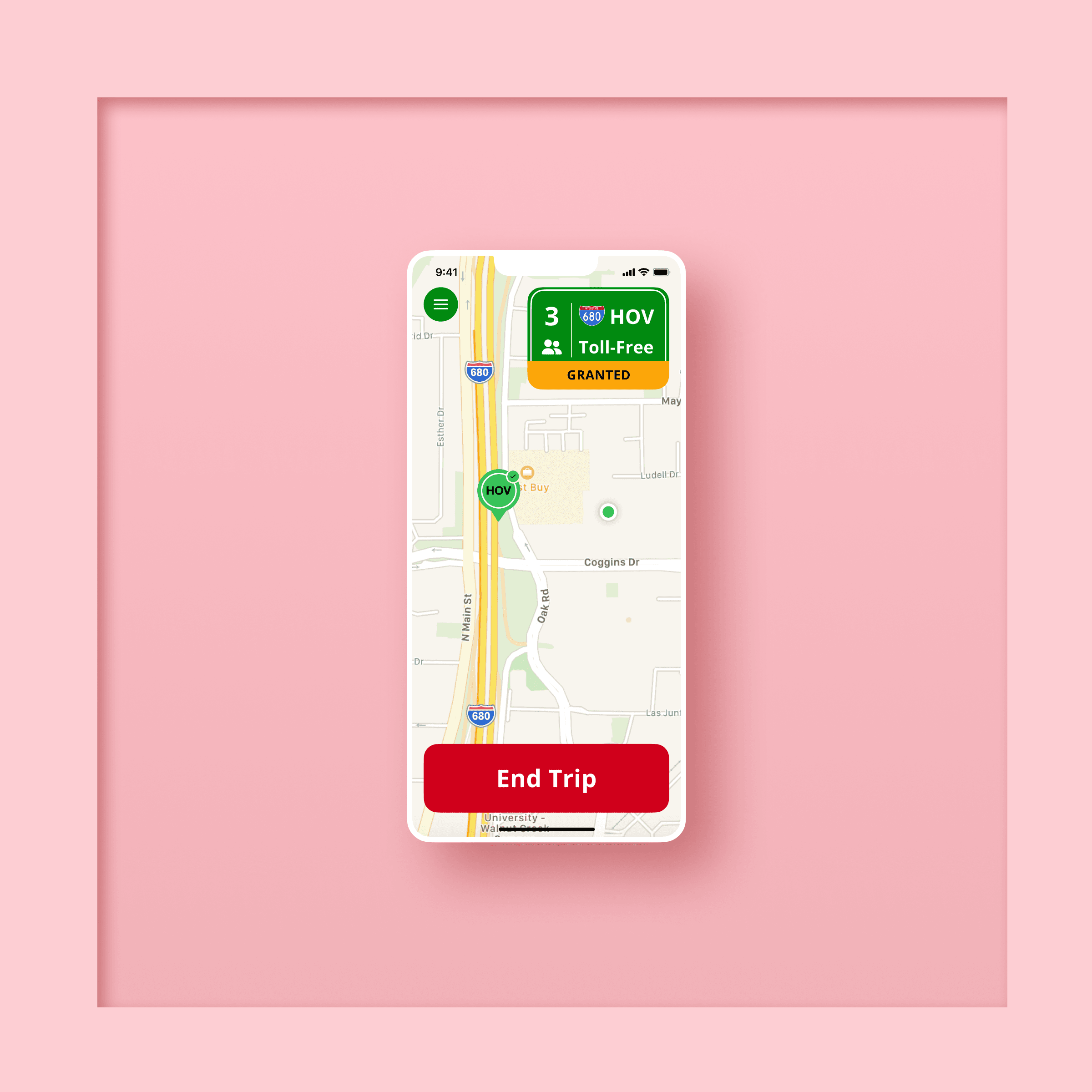 Screenshot of RideFlag app showing HOV lane verification. The screen displays a highway map with a green HOV icon, a confirmation banner reading ‘Toll-Free Granted,’ and a large red button labeled End Trip.