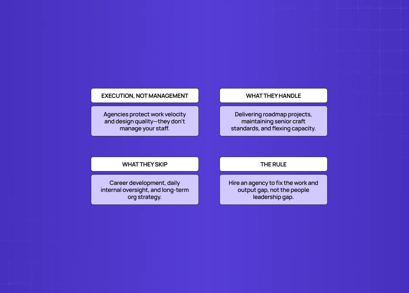 Summary of what agencies can and cannot handle, emphasizing execution, roadmap delivery, craft quality, and flexibility while excluding people management and long-term leadership.
