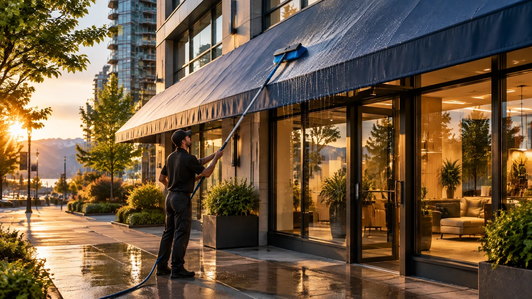 Professional cleaner using a controlled, gentle method on a commercial storefront awning in Vancouver