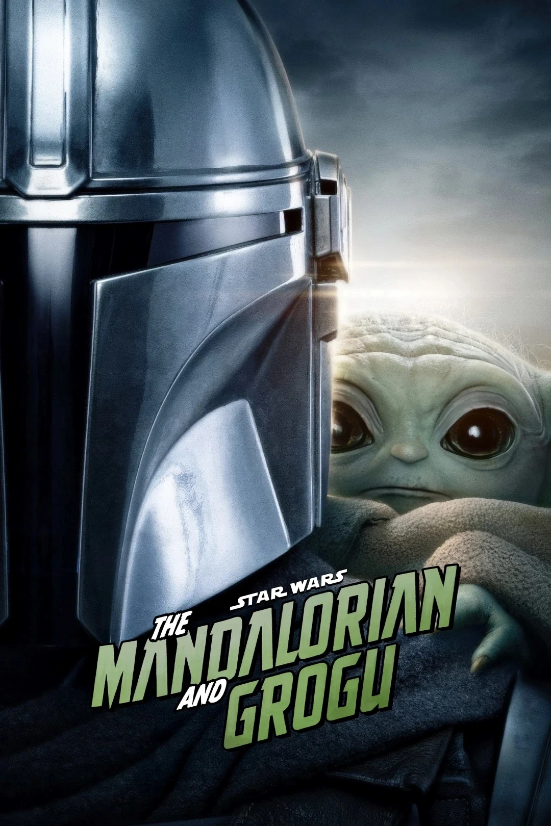 A shiny silver helmeted figure stands next to a small green creature, both gazing forward with a misty background, featuring the title text "The Mandalorian and Grogu" prominently displayed in bold letters.