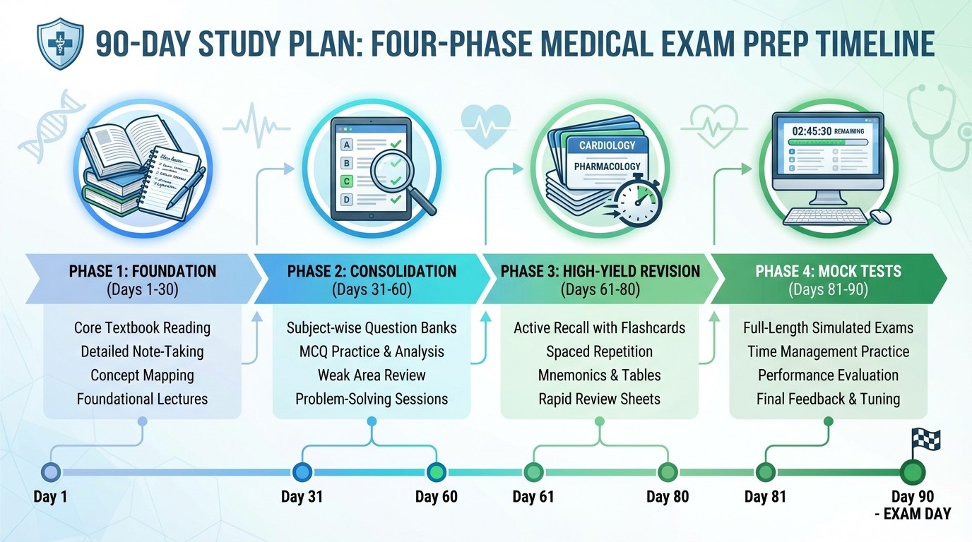 FMGE 90-Day Study Plan Phases Breakdown