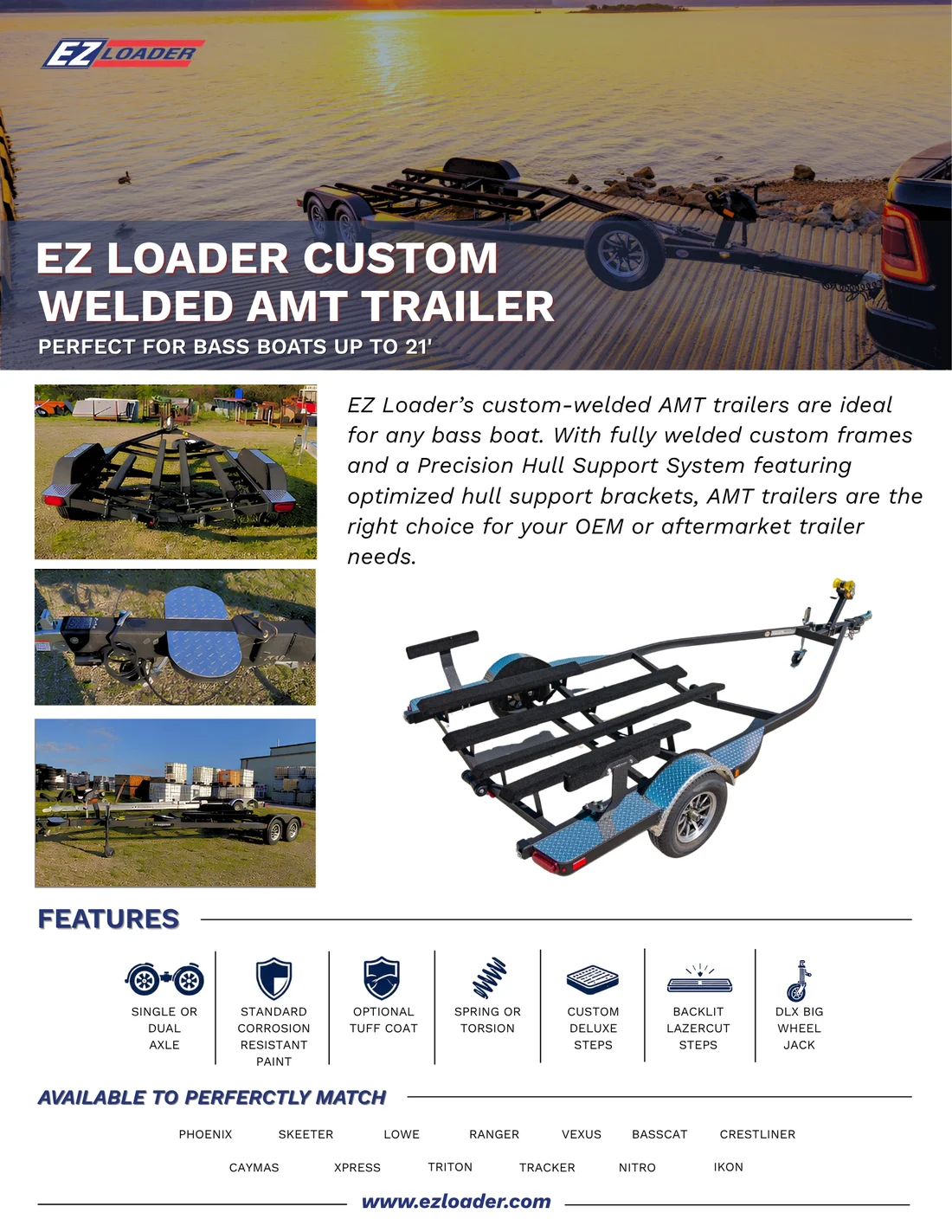 EZ Loader AMT trailer sell sheet, two layouts