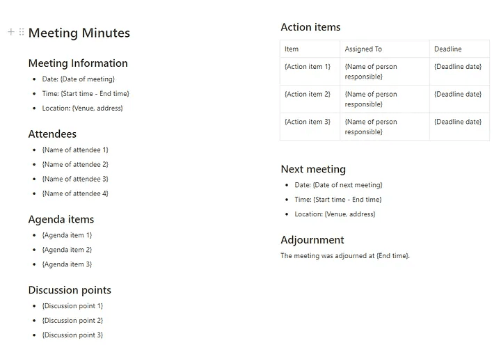 Notion AI generated meeting template