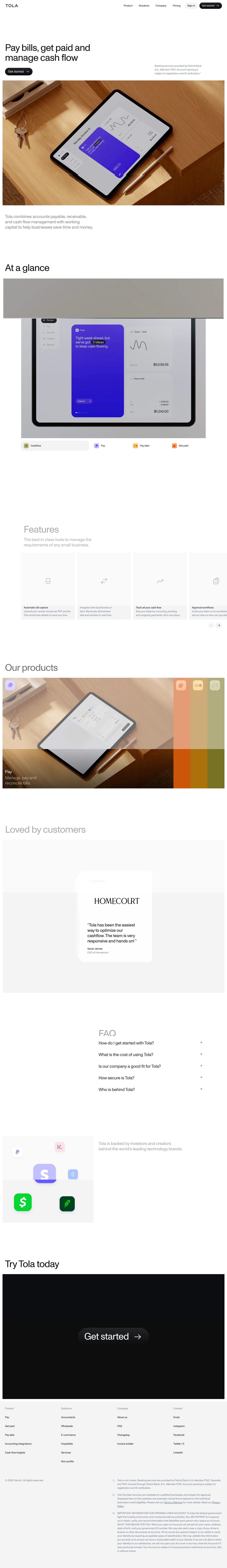 Tola landing page screenshot showcasing Finance design