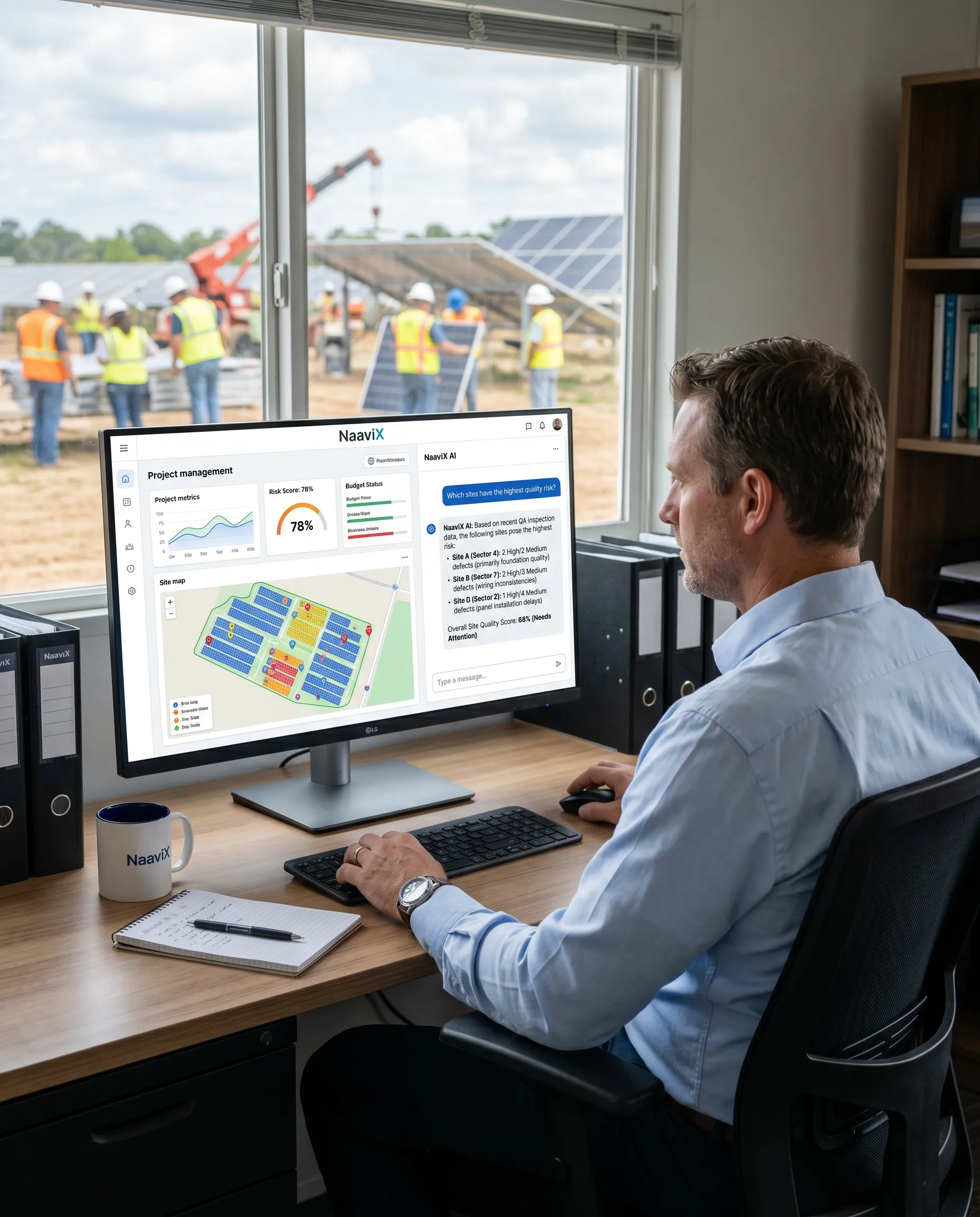 A man sits at a desk in an office, working on a computer that displays data dashboards and charts. Through a large window behind him, a group of workers in safety vests are installing solar panels at an outdoor site.