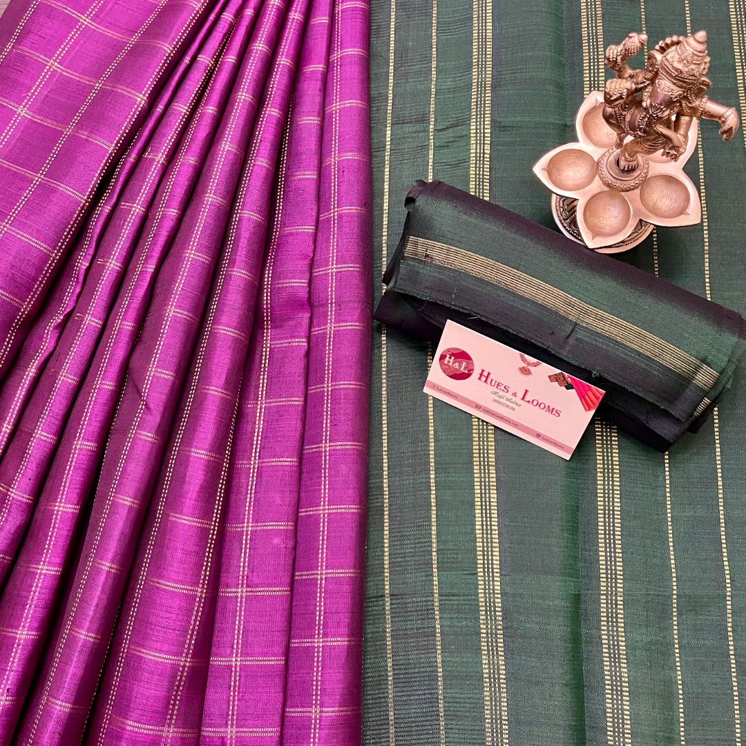 Magenta and Green Checkered Kanchivaram Silk Saree