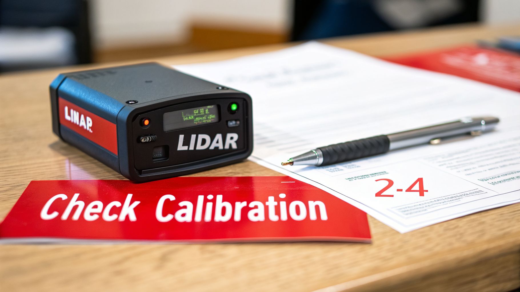 A LiDAR device and 'Check Calibration' sign on a table with a pen and document.