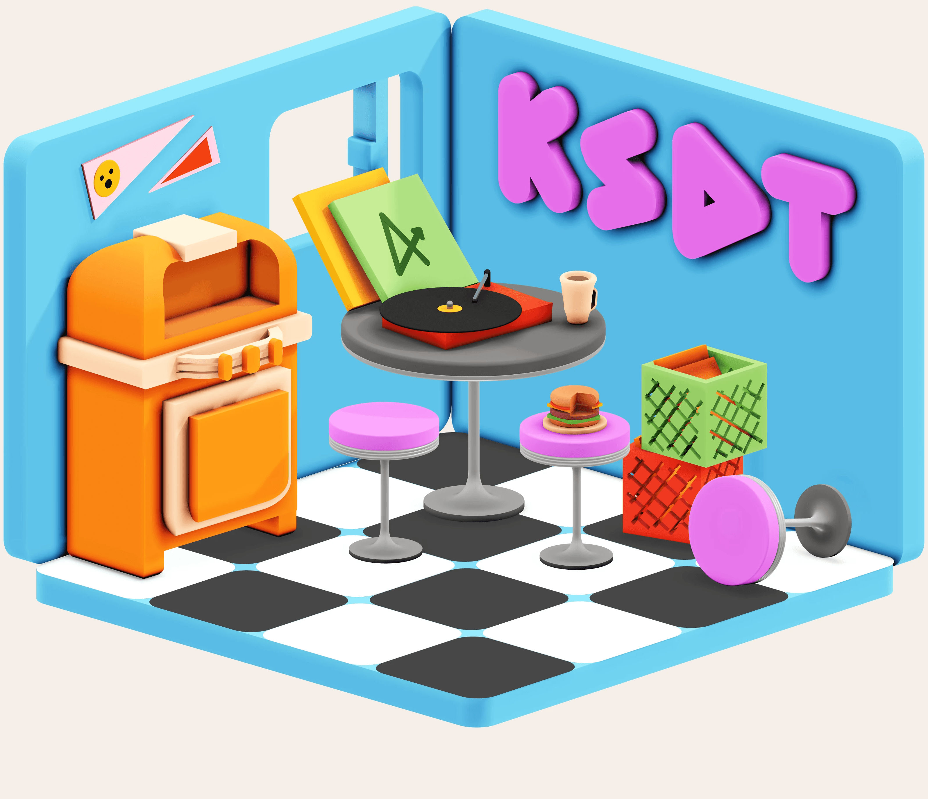 An isometric three-dimensional model of a 1950's diner in bright colors.