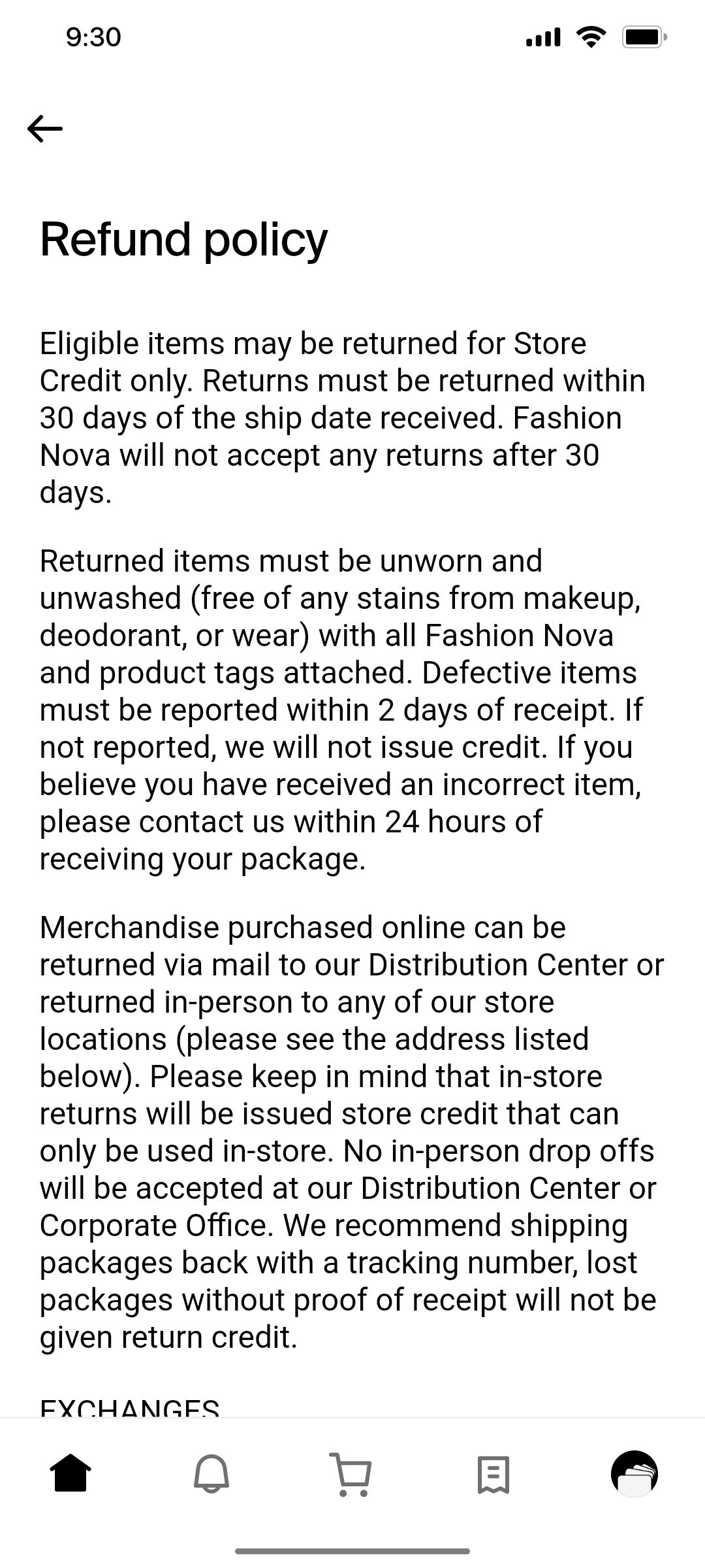Shop App Refund policy Screen