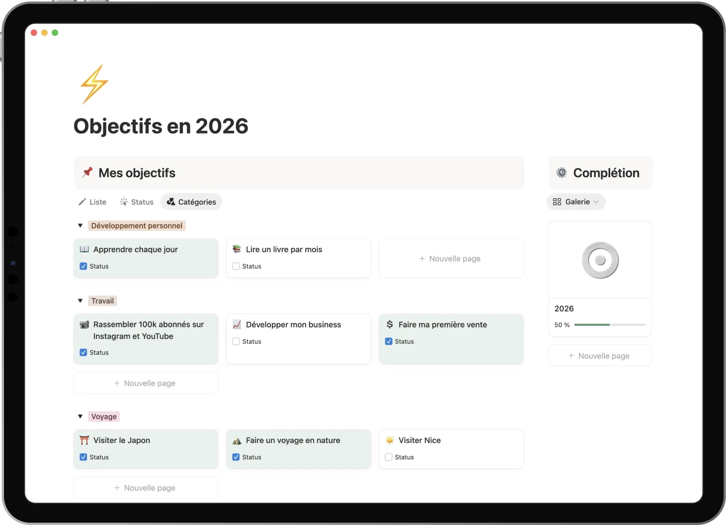Ipad displaying the Goals template: Set yearly goals and celebrate milestones.