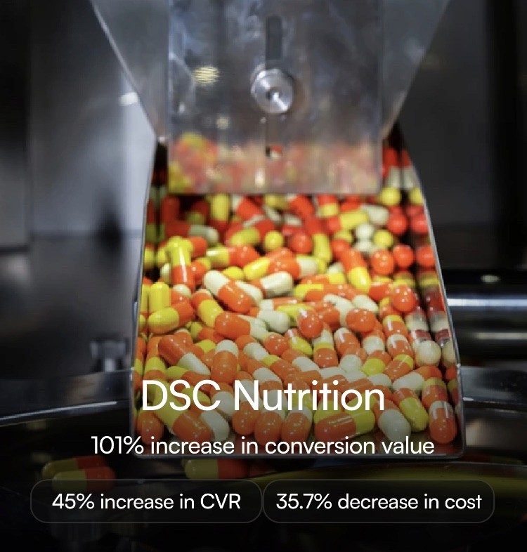 Close-up of colorful capsules in pharmaceutical equipment with text overlay showing DSC Nutrition's metrics: 101% increase in conversion value, 45% increase in CVR, and 35.7% decrease in cost