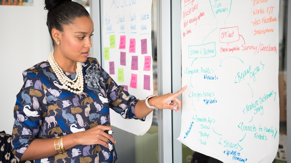 A UX design workshop participant explaining her design concept while pointing at a graph sketched on a whiteboard